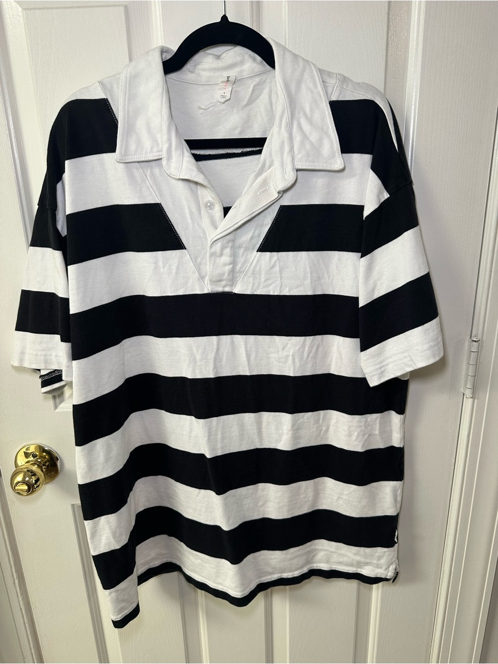 Women's Black & White Striped Rugby Polo Shirt